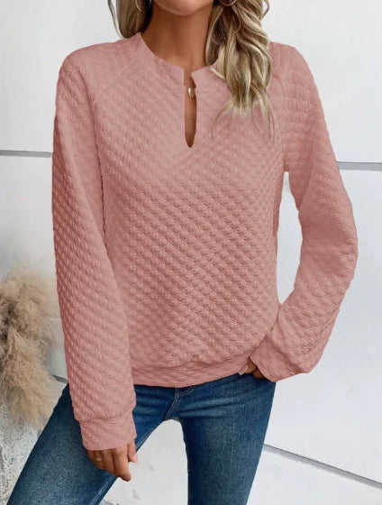 Dames Casual Sweater met V-Hals – Luxe Structuur & Comfortabele Loose Fit