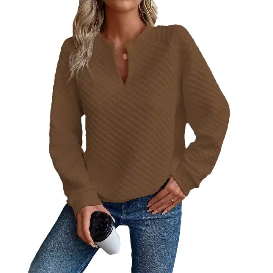 Dames Casual Sweater met V-Hals – Luxe Structuur & Comfortabele Loose Fit