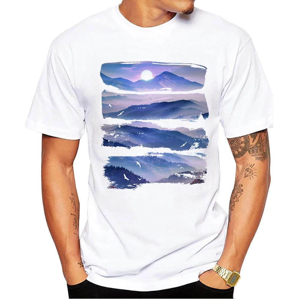 Heren T-Shirt met Zonsondergang Print – Harajuku Streetwear