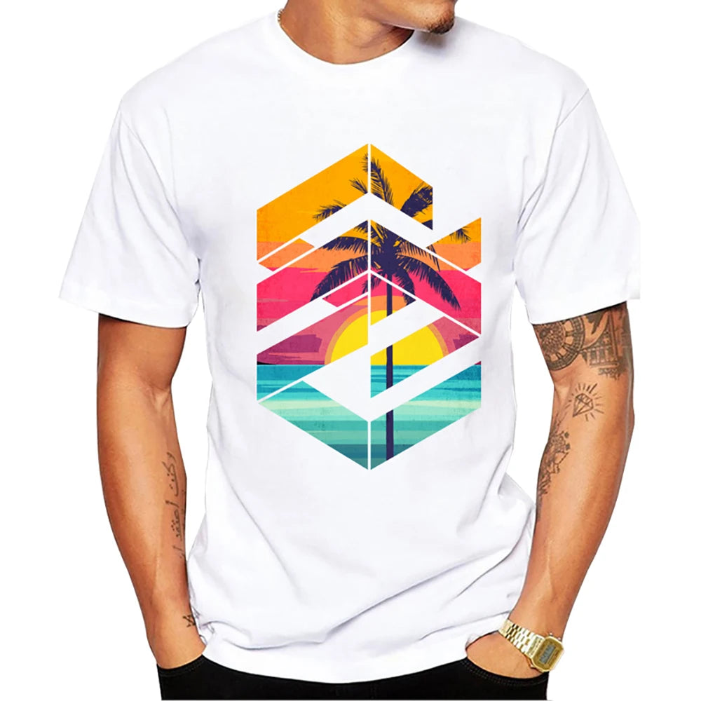 Heren T-Shirt met Zonsondergang Print – Harajuku Streetwear