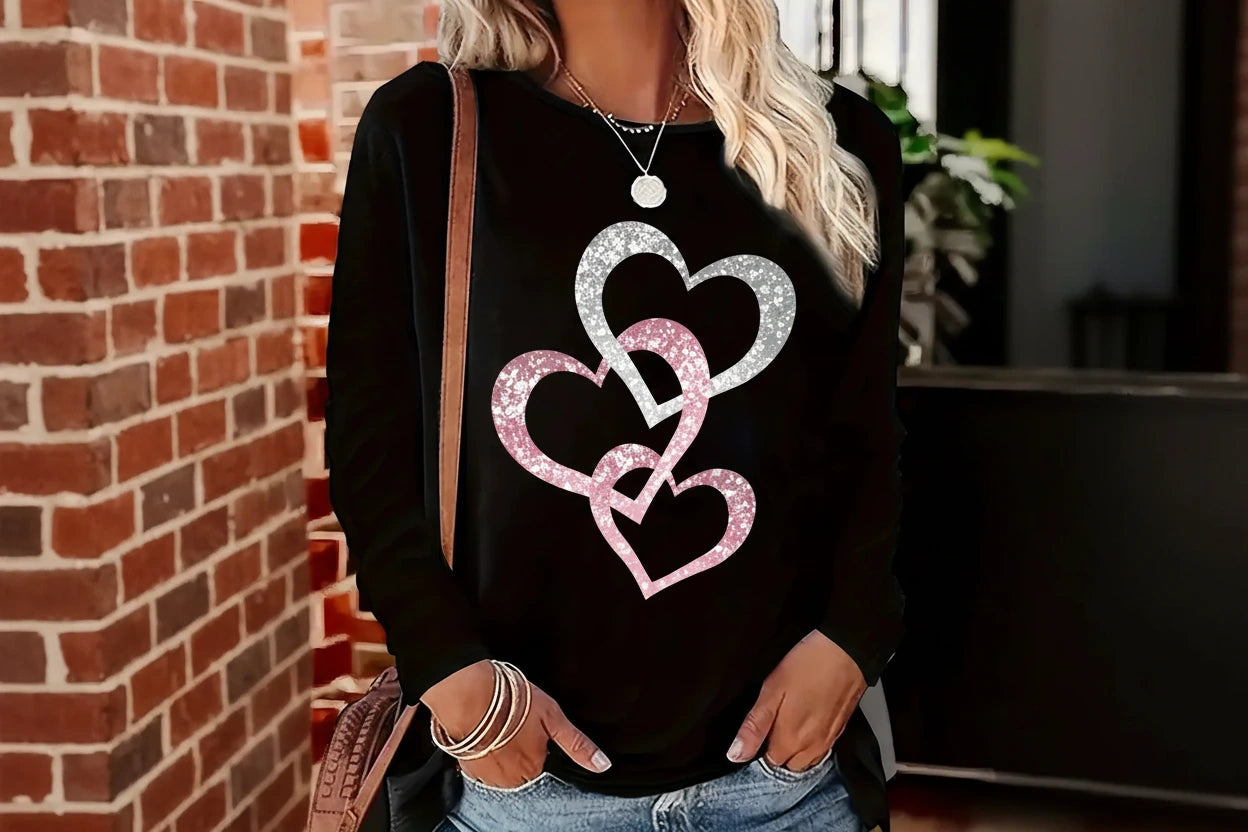 Dames Longsleeve Shirt met Hartenprint – Casual Losvallende Top van 100% Katoen