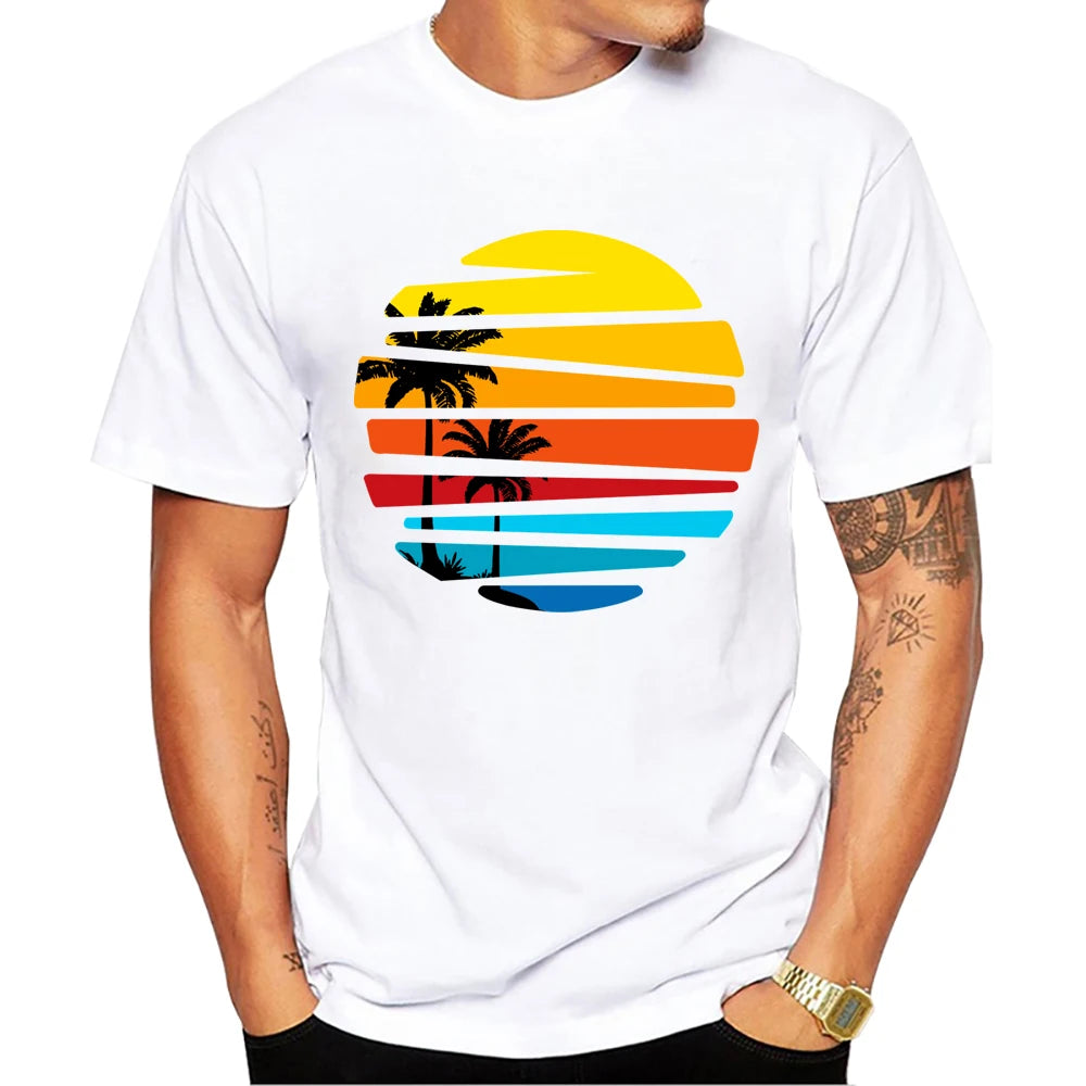 Heren T-Shirt met Zonsondergang Print – Harajuku Streetwear