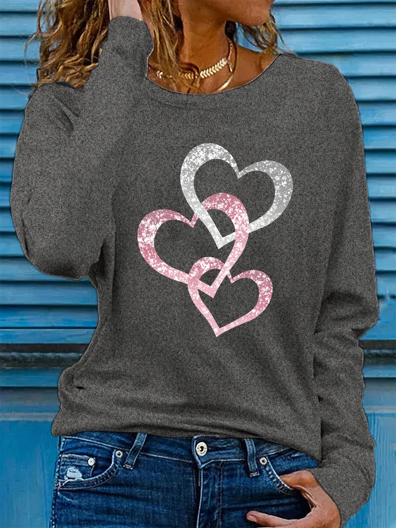 Dames Longsleeve Shirt met Hartenprint – Casual Losvallende Top van 100% Katoen