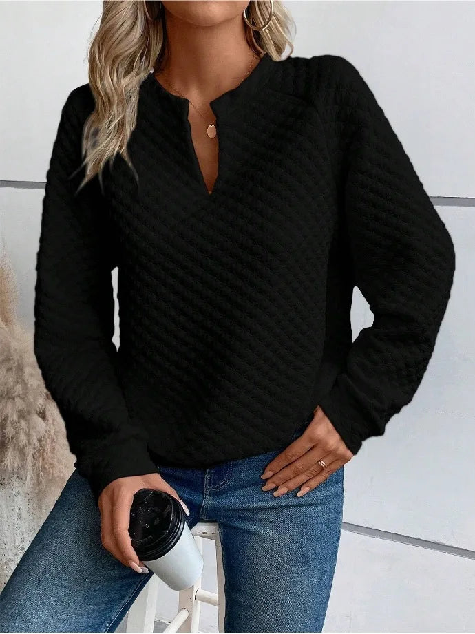 Dames Casual Sweater met V-Hals – Luxe Structuur & Comfortabele Loose Fit