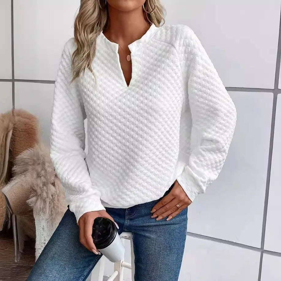 Dames Casual Sweater met V-Hals – Luxe Structuur & Comfortabele Loose Fit