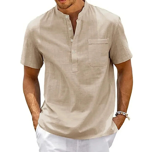 Heren Linnen Henley Shirt – Casual Korte Mouw